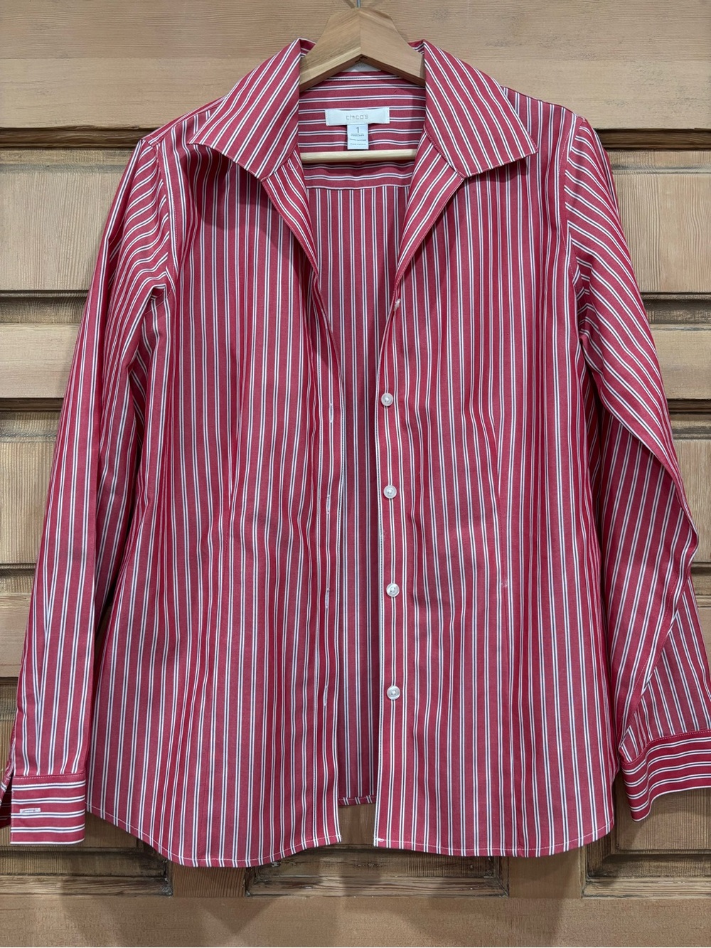 Chico's Red and White Striped Button-Down Shirt